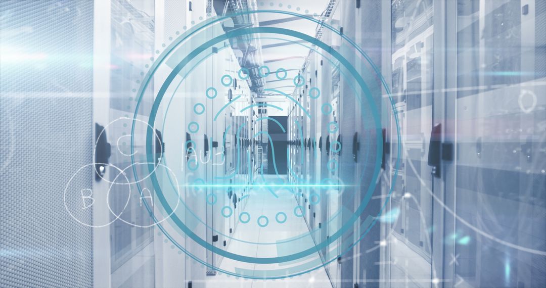 Futuristic Server Room with Technological Overlay