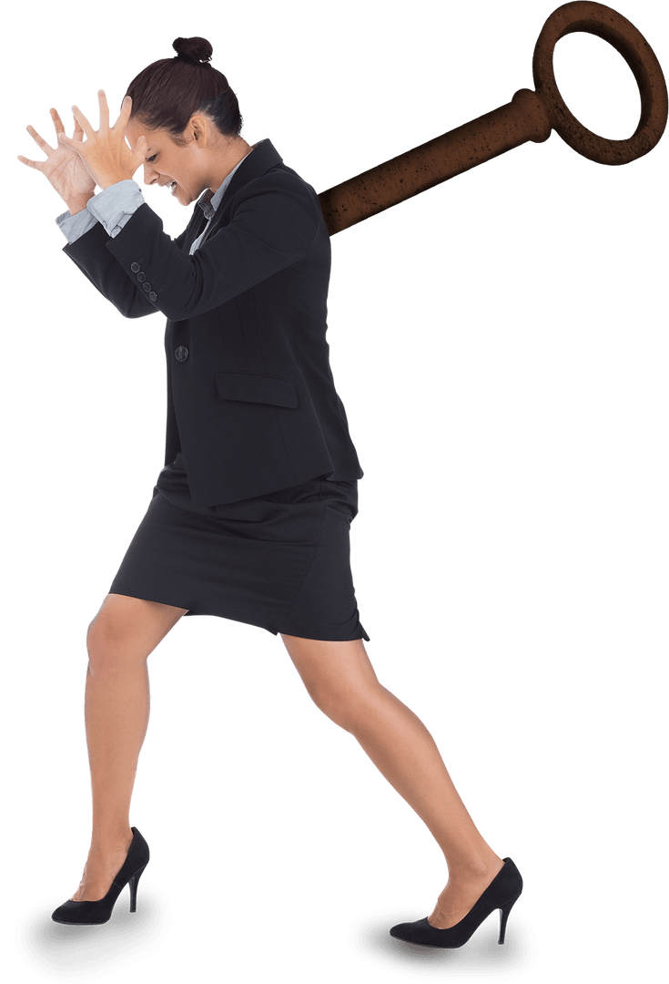 Transparent Background of Stressed Businesswoman with Wind-Up Key