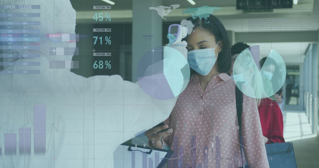 Masked People in Business Setting with Temperature Check and Data Overlay