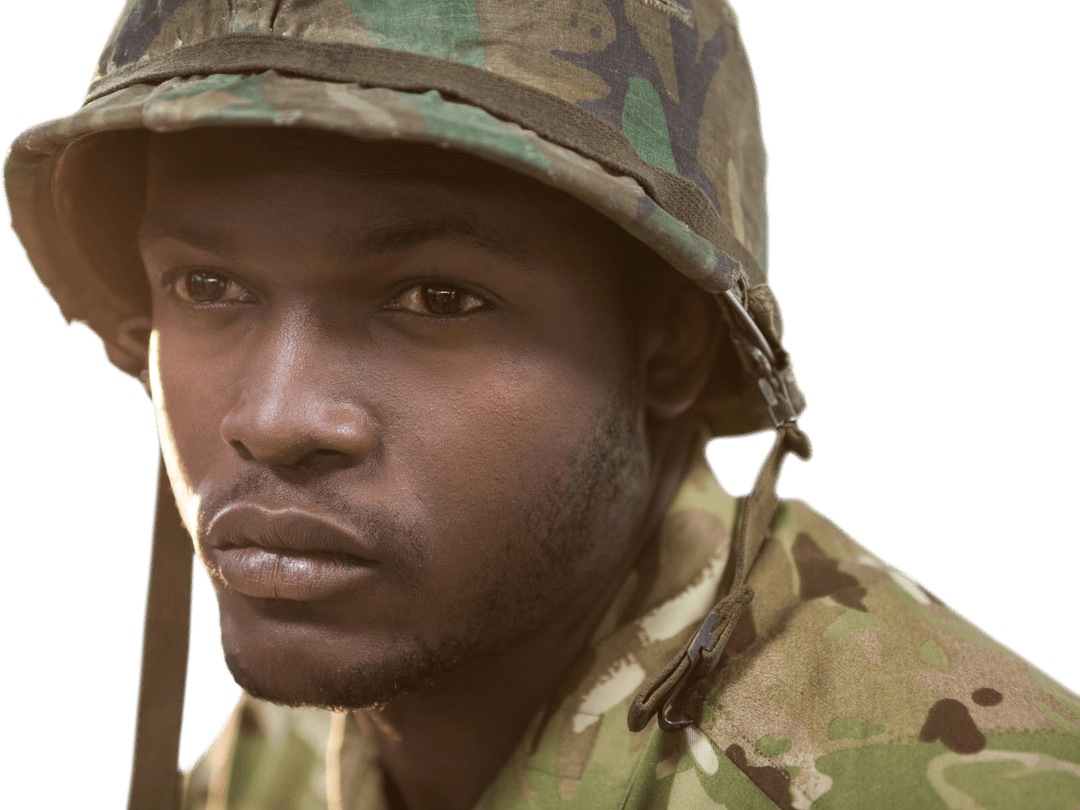 Serious Expression on African American Soldier Transparent Background