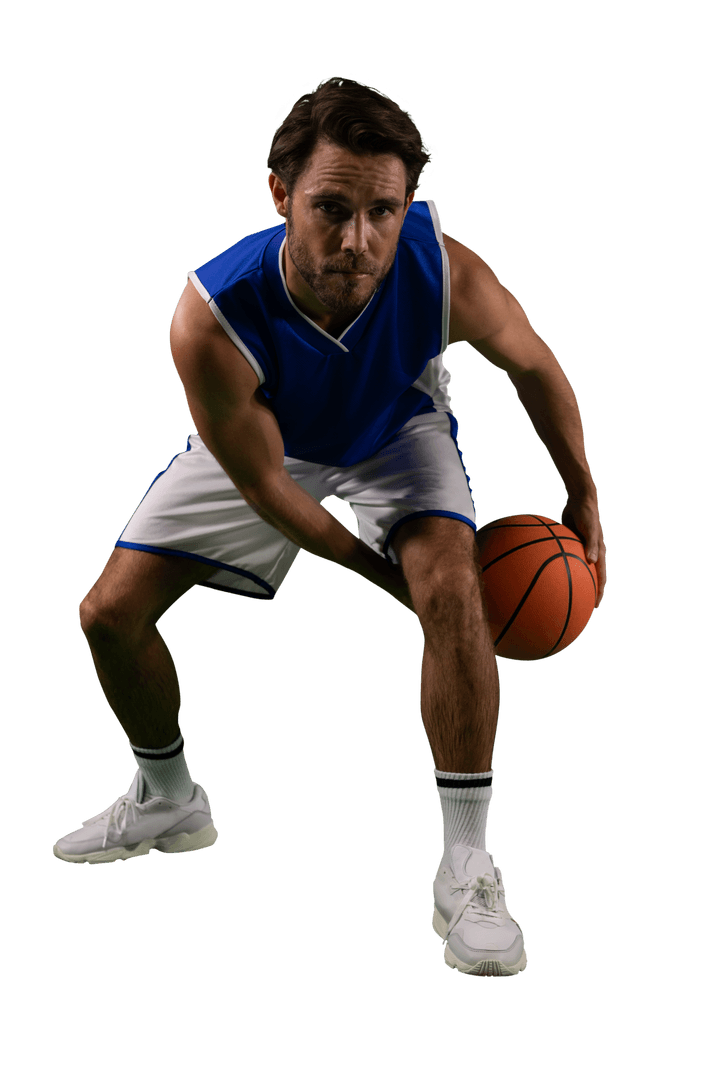 Caucasian Male Basketball Player Posing with Ball on Transparent Background