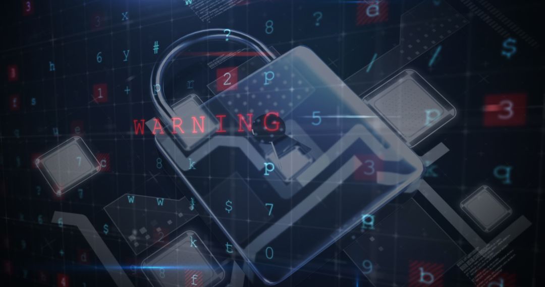 Digital Lock with Warning Highlighting Cybersecurity Threats