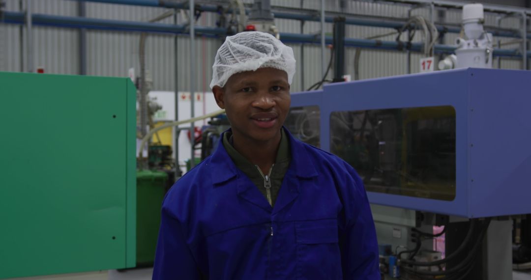 Smiling Male Factory Worker in Blue Overall at Manufacturing Plant - Free Images, Stock Photos and Pictures on Pikwizard.com