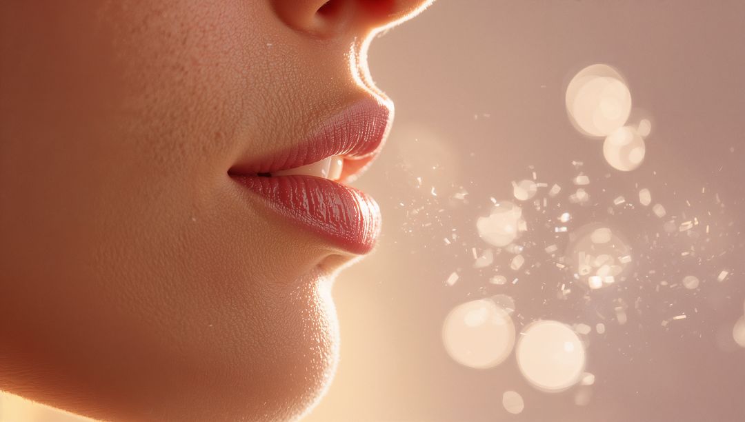 Close-up Glossy Lips Breathing Sparkling Powder with Soft Bokeh and Skin Texture Glow