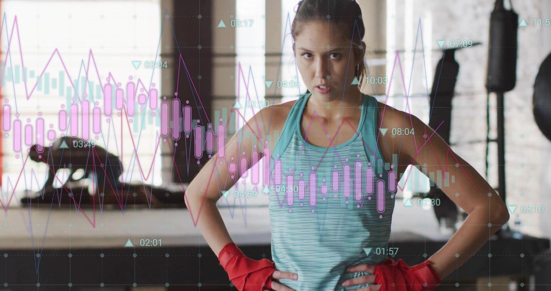 Confident Athlete with Financial Data Overlay, Modern Urban Gym