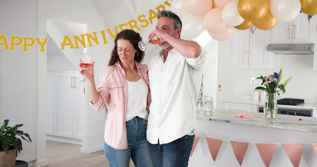 Couple Celebrating Anniversary with Wine Toast at Home