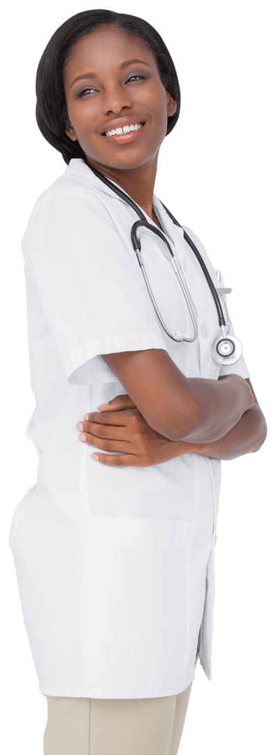 Confident African American Nurse Smiling with Arms Crossed on Transparent Background