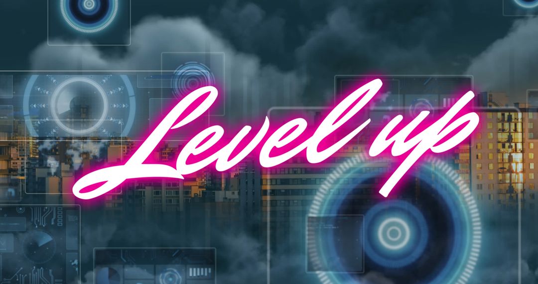 Level Up Technology Over Digital Cityscape