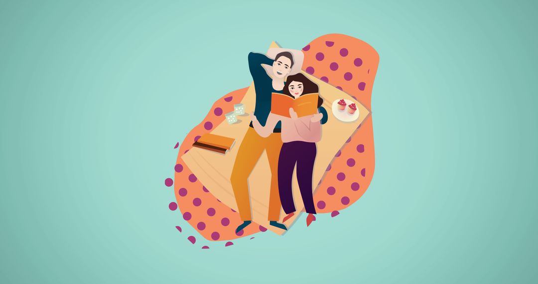 Couple Relaxing on Bed with Breakfast and Books