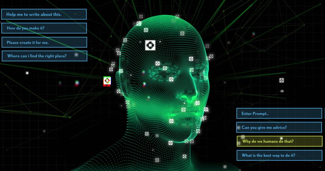 Digital human with data processing icons and interface