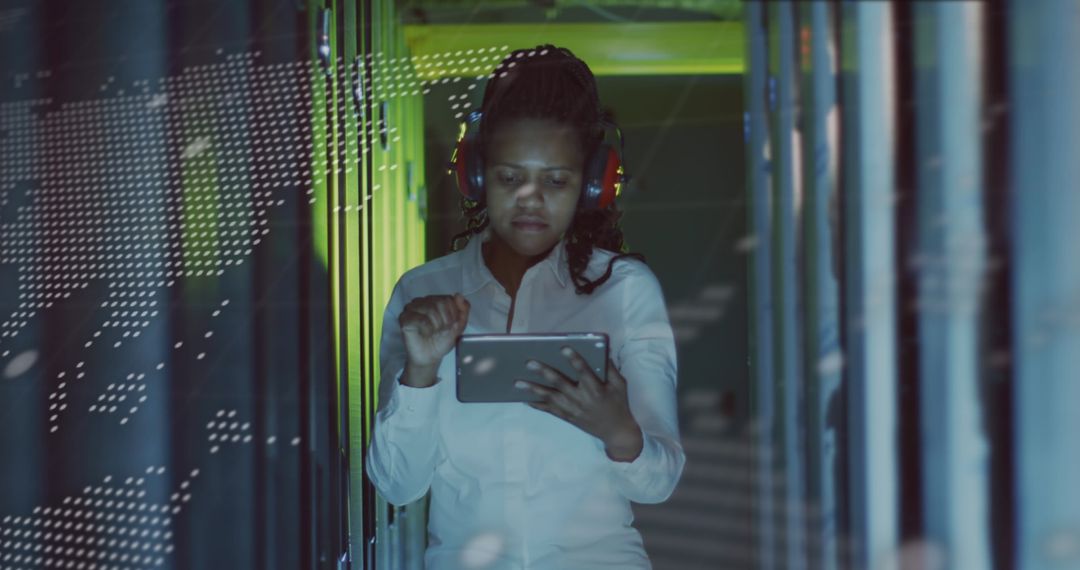 African American Female IT Engineer with Tablet in Data Center