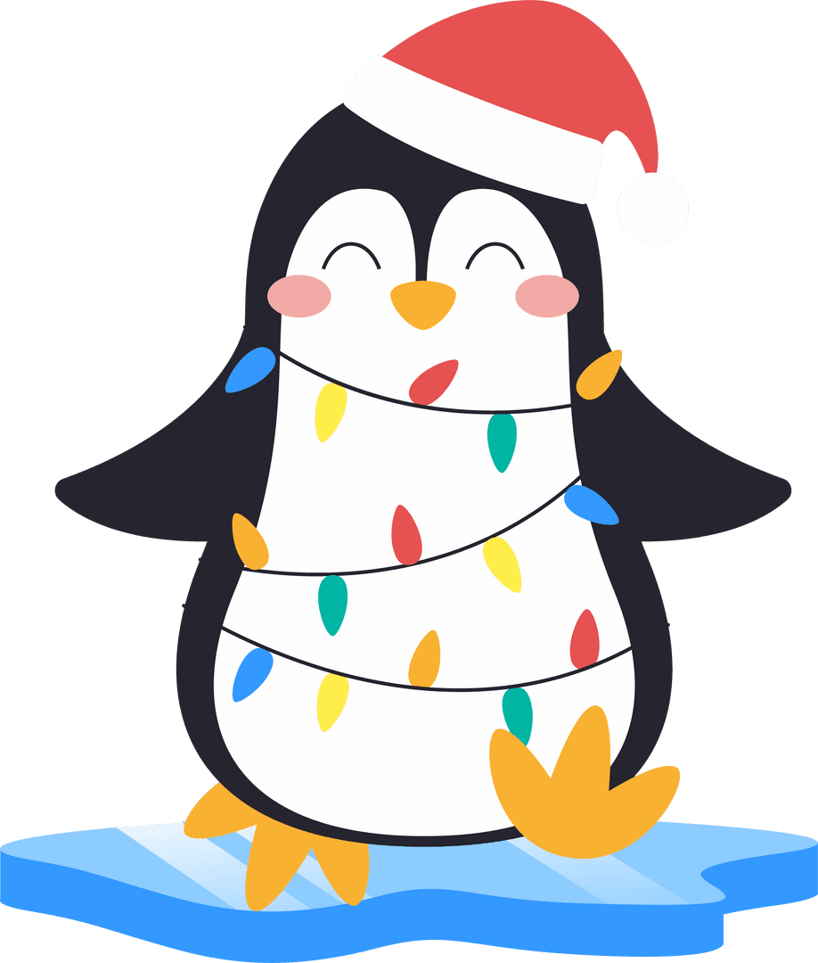 Festive Penguin Adorned with Lights on Ice Transparent Design