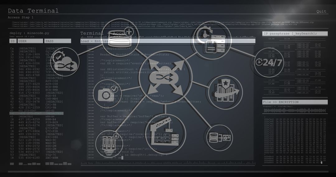 Cybersecurity network interface with digital icons and data streams