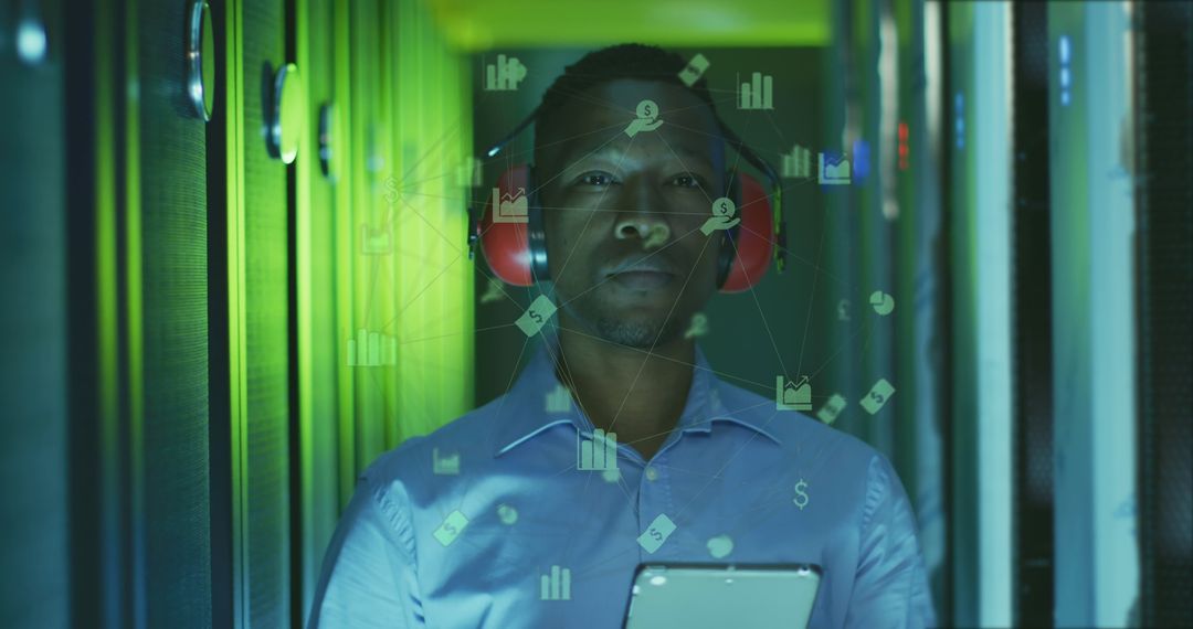 Businessman in Server Room with Digital Interface Overlay
