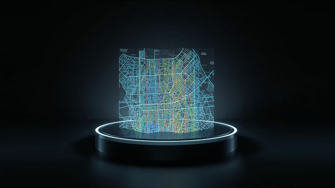 Futuristic Holographic City Map Display in Digital Void