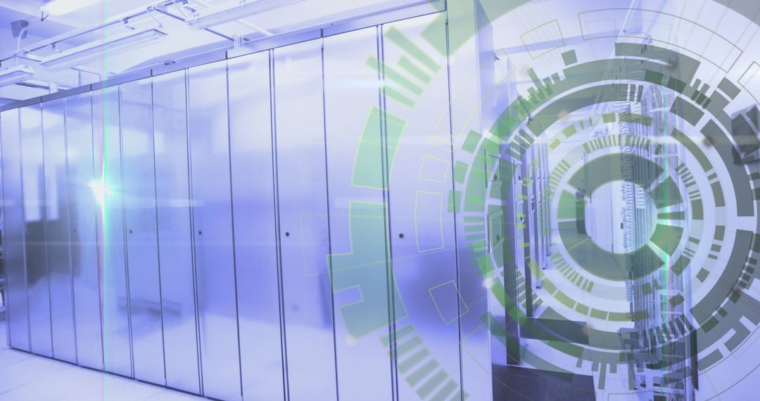 Futuristic Server Room with Digital Overlay Symbolizing Data Flow