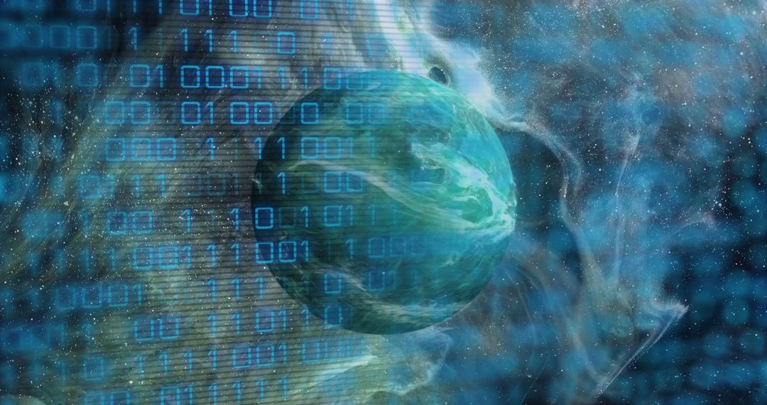 Binary Code Overlays Mysterious Green Planet in Cosmic Setting