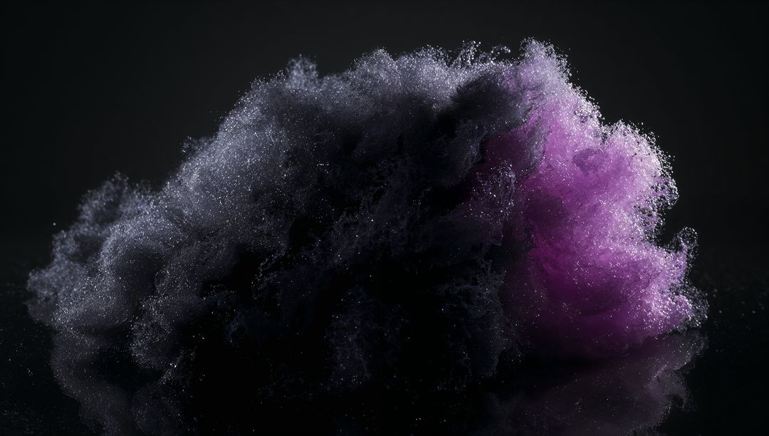 Billowing magenta and dark particle cloud hovering over glossy black plane, sparkling dust