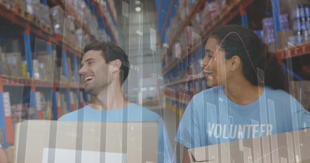 Volunteers Working in Warehouse with Data Overlay