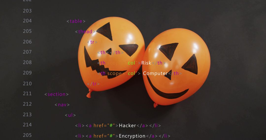 Halloween Jack-o'-lantern Balloons Showing HTML Code for Cybersecurity Concept