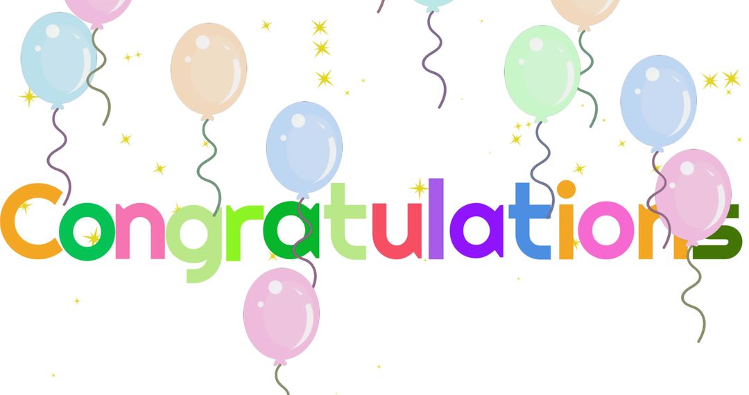 Colorful Congratulations Text with Balloons and Stars