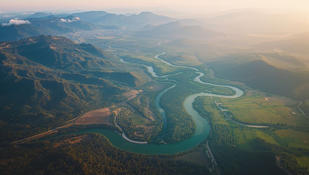 Aerial View of Winding River through Verdant Valley and Countryside