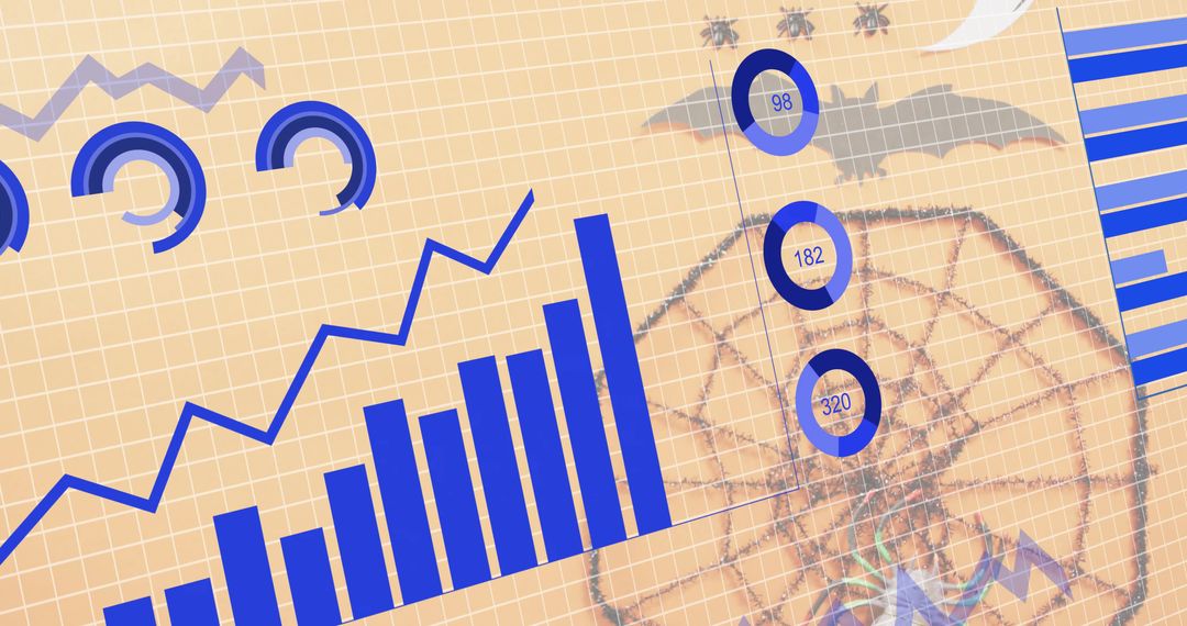 Rising blue bar chart with jagged trend line and circular metrics over beige grid