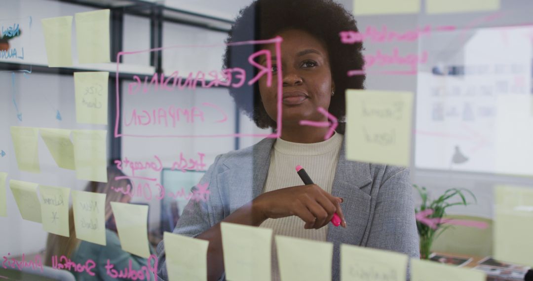 Businesswoman Writing Ideas on Transparent Board with Post-Its - Free Images, Stock Photos and Pictures on Pikwizard.com