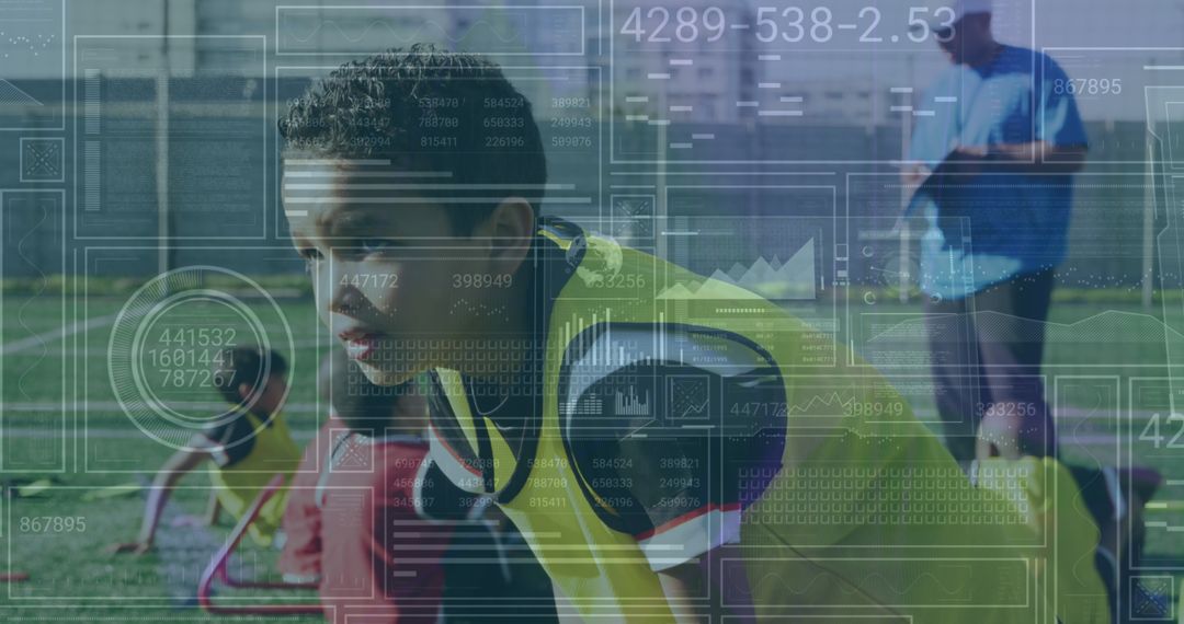 Data Analytics Overlay on Youth Football Player Practicing on Field
