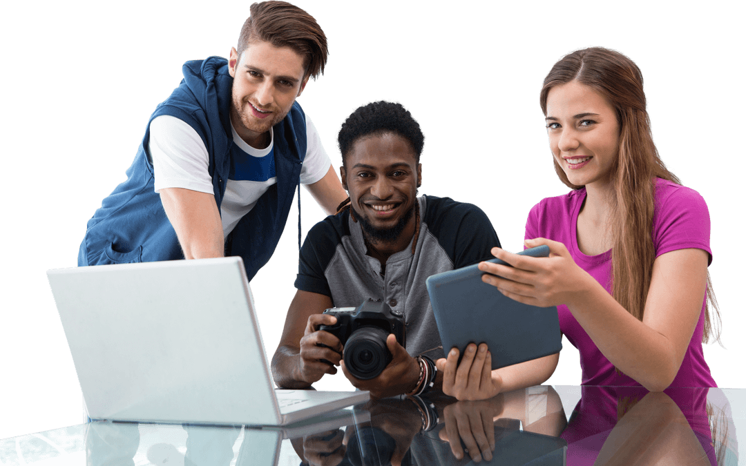 Diverse Team Collaborating on Digital Project with Devices and Photography Gear