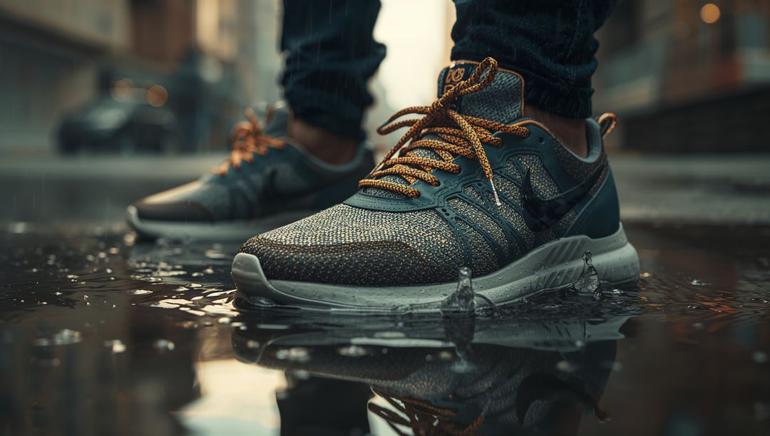 Urban sneaker splashing in puddle with golden laces, knit texture and wet reflection