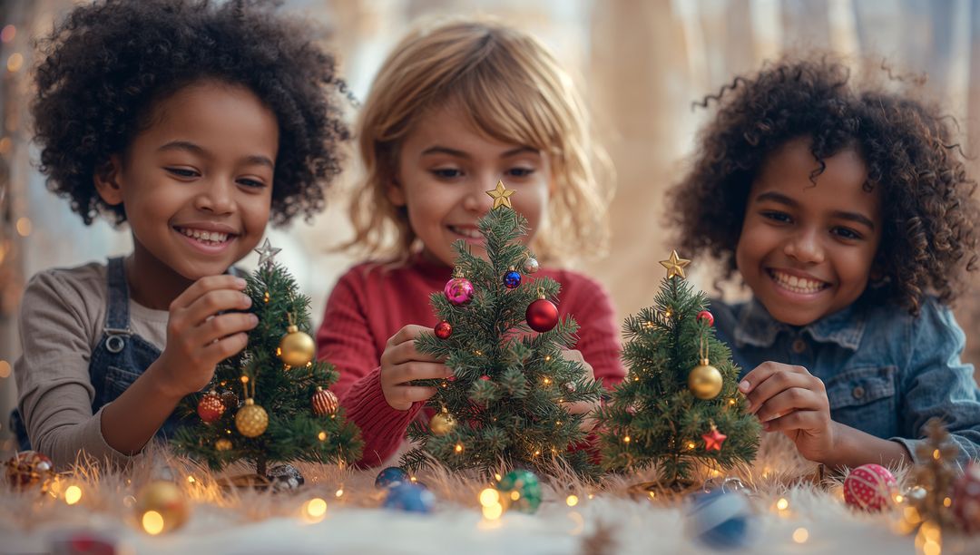 Children Smiling While Decorating Miniature Christmas Trees Indoors