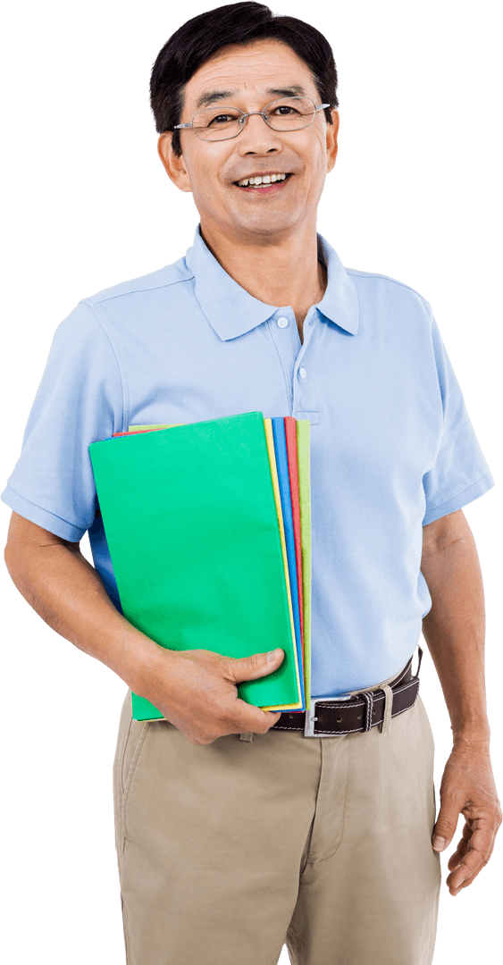 Transparent Smiling Businessman Holding Colorful Files, Professional Expression