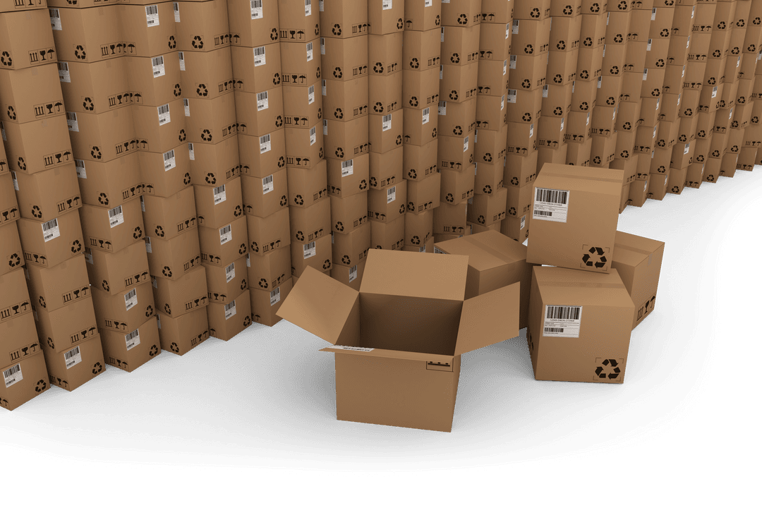 Transparent Cardboard Boxes Stacked in Warehouse