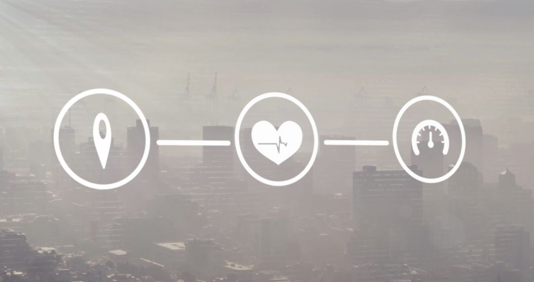 Digital Interface Icons Overlay in Hazy Urban City