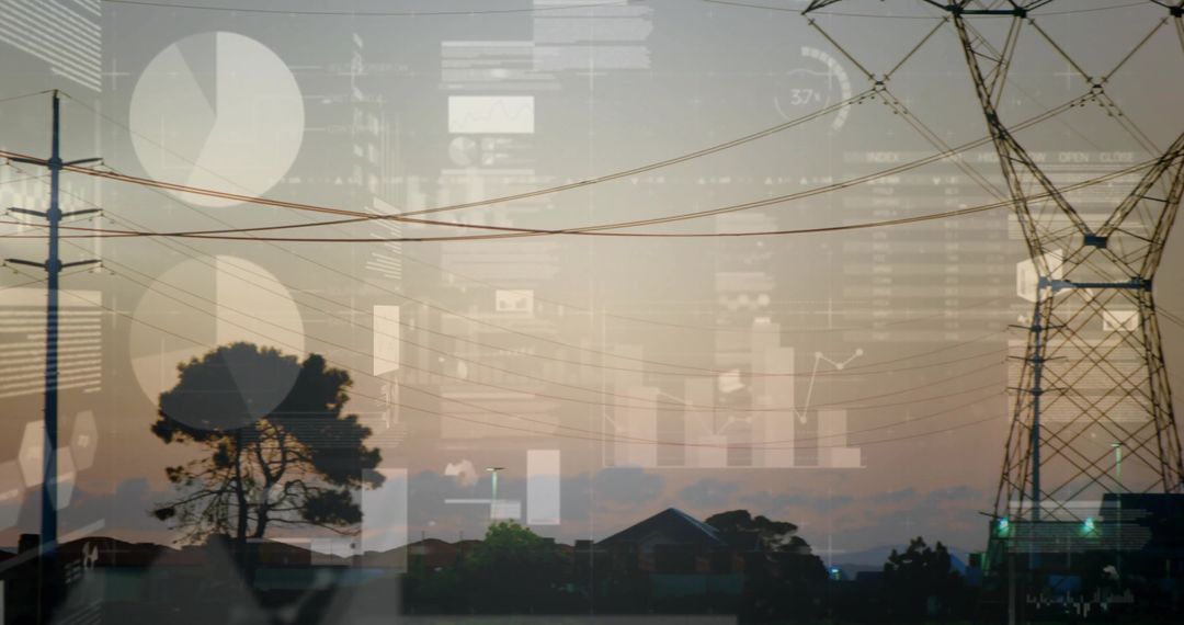 Power Lines with Data Overlay Illustrates Infrastructure Analytics