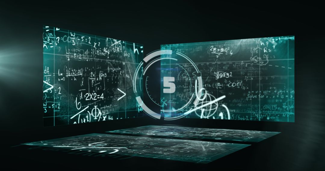 Futuristic Countdown Timer in a Virtual Chamber with Holographic Equations