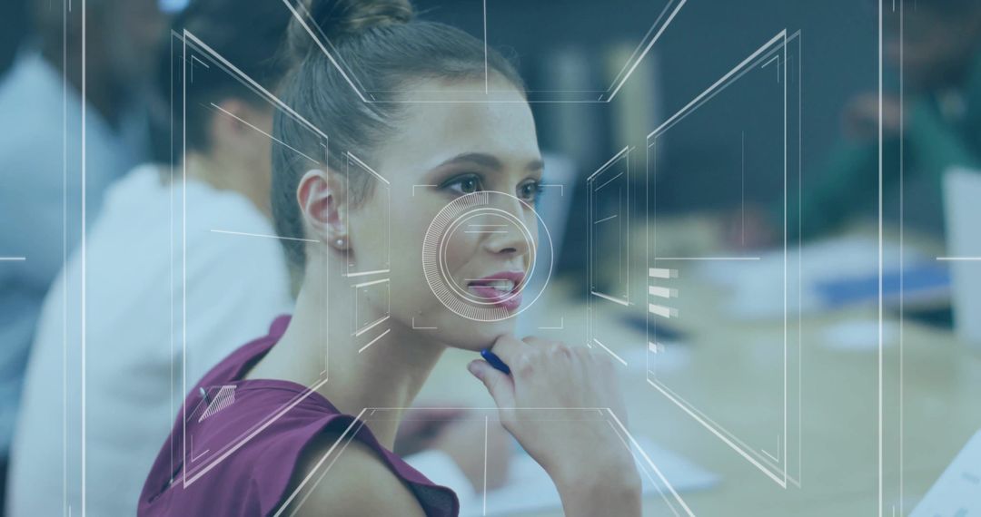 Young woman studying notes in boardroom with futuristic HUD overlay showing focus and teamwork