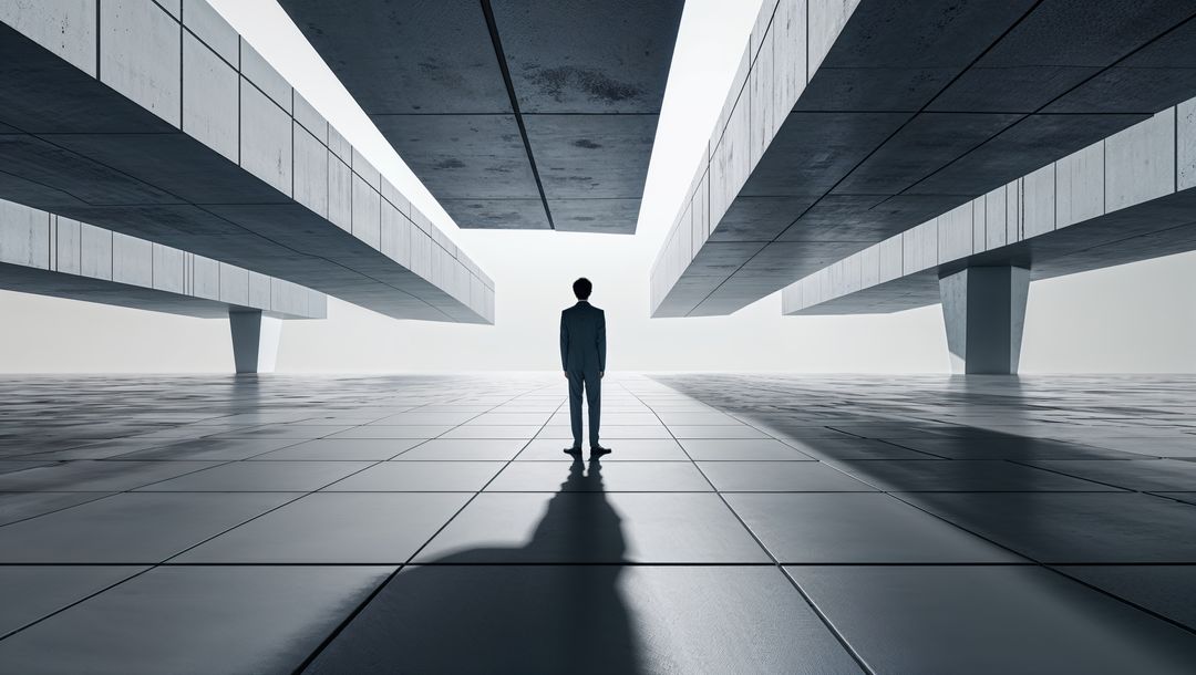 Man in Suit Standing in Futuristic Minimalist Corridor