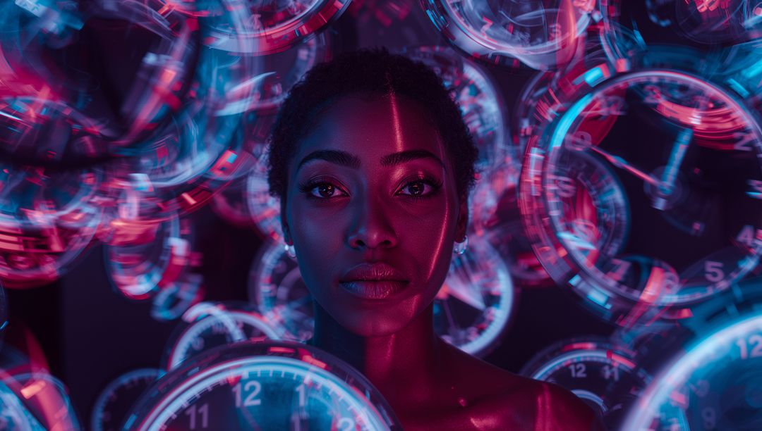 Woman Surrounded by Neon Clocks Creating Surreal Time Portrait with Reflective Makeup
