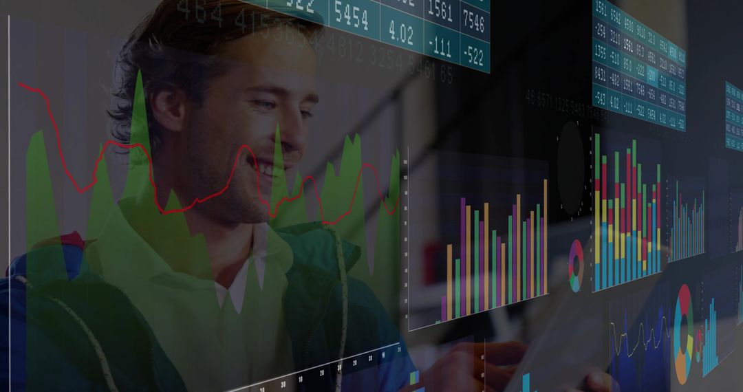 Young Professional Analyzing Financial Dashboards on Tablet with Colorful Charts