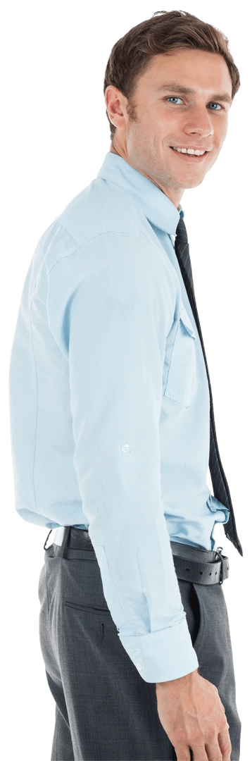 Transparent Smiling Businessman in Formal Attire Standing Confidently