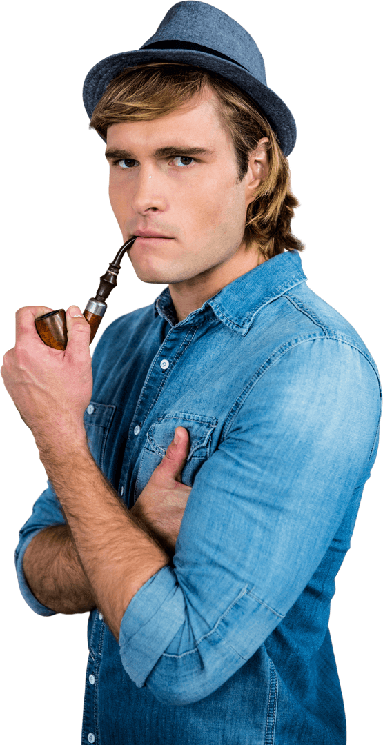 Serious Hipster Smoking Pipe Transparent Isolated