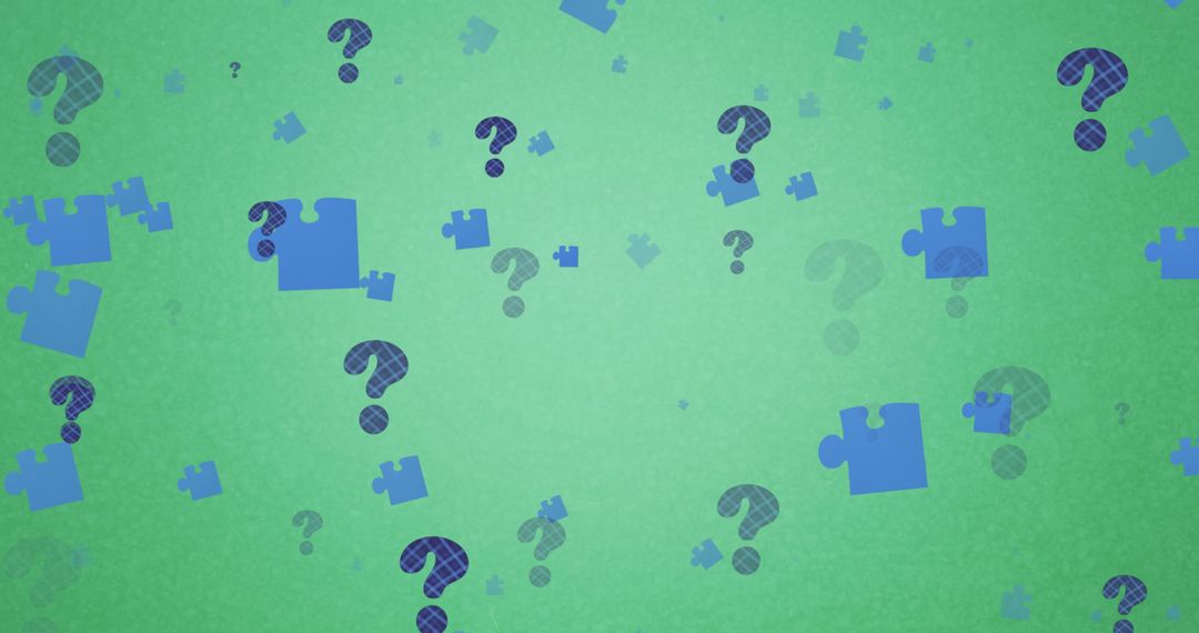 Floating Puzzle Pieces and Question Marks on Green Background