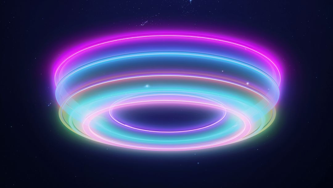Neon Iridescent Torus of Floating Concentric Rings Emitting Futuristic Cosmic Glow, Sparkles
