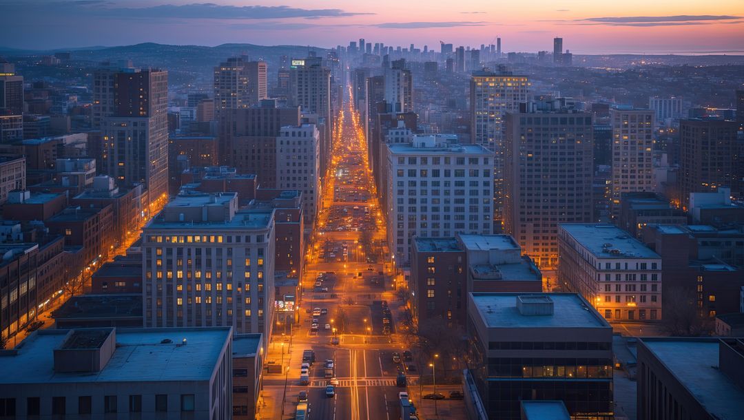Glowing Cityscape with Illuminated Avenue at Dusk