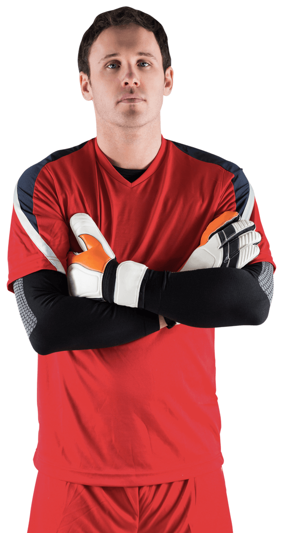 Confident Goalkeeper in Red Kit on Transparent Background