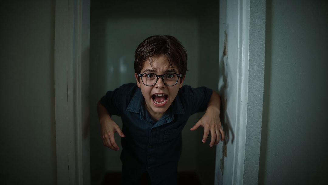 Anxious Child Screaming in Narrow Passageway with Peeling Paint