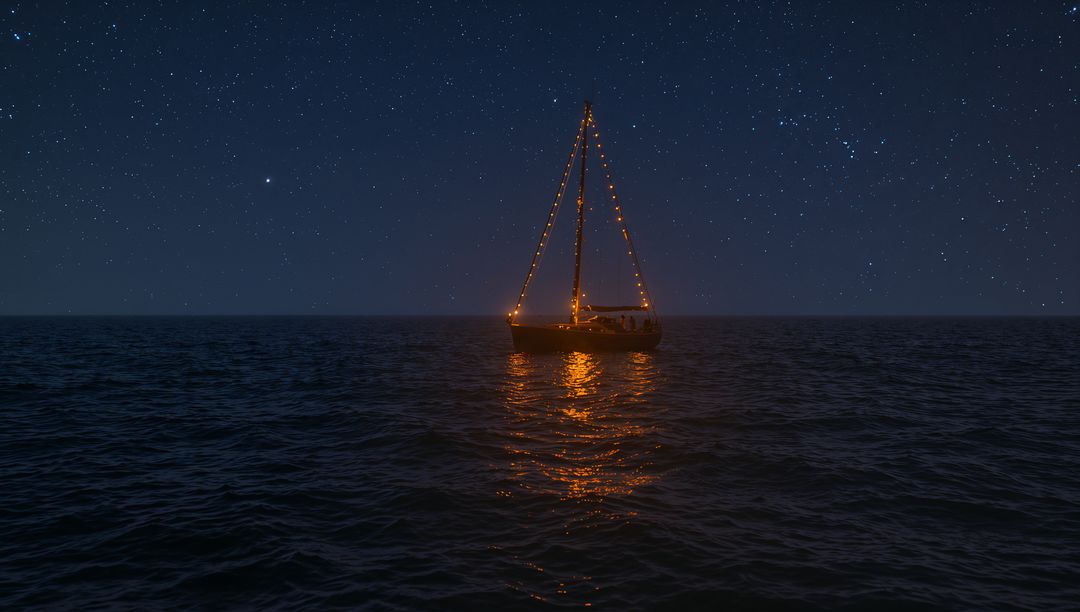 Drifting sailboat with glowing string lights under starry night sky reflecting on calm ocean