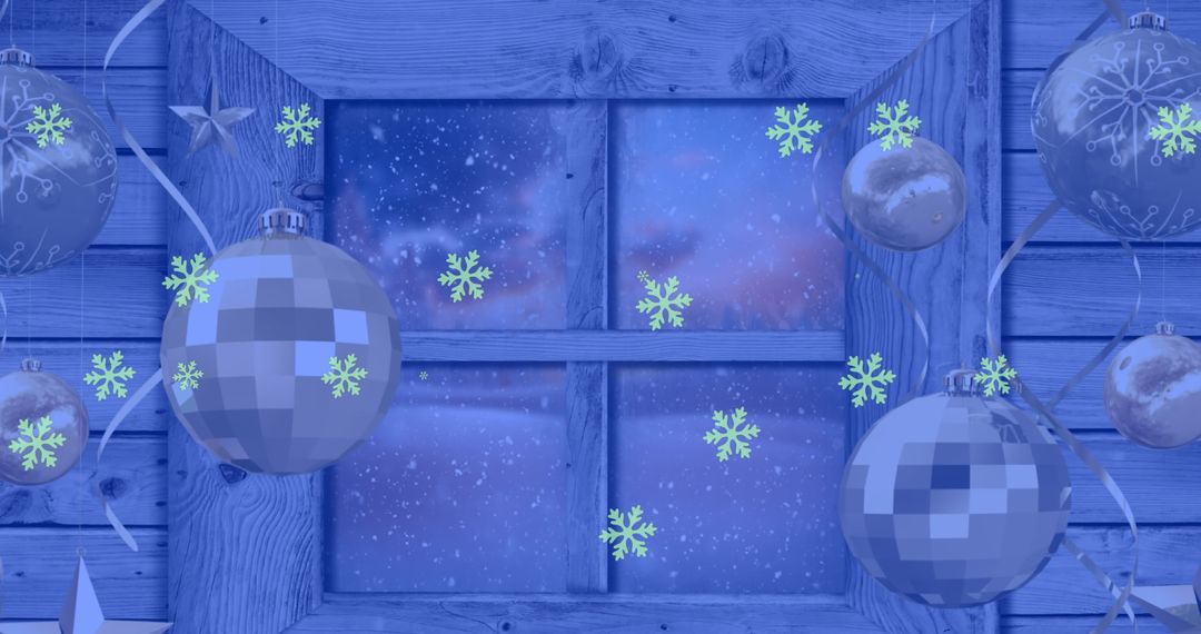 Festive Winter Scenery with Snowfall and Christmas Decorations